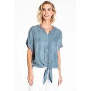 John Mark Soft Chambray Blue Button Boho Blouse Embroidered Front Tie M Cottage